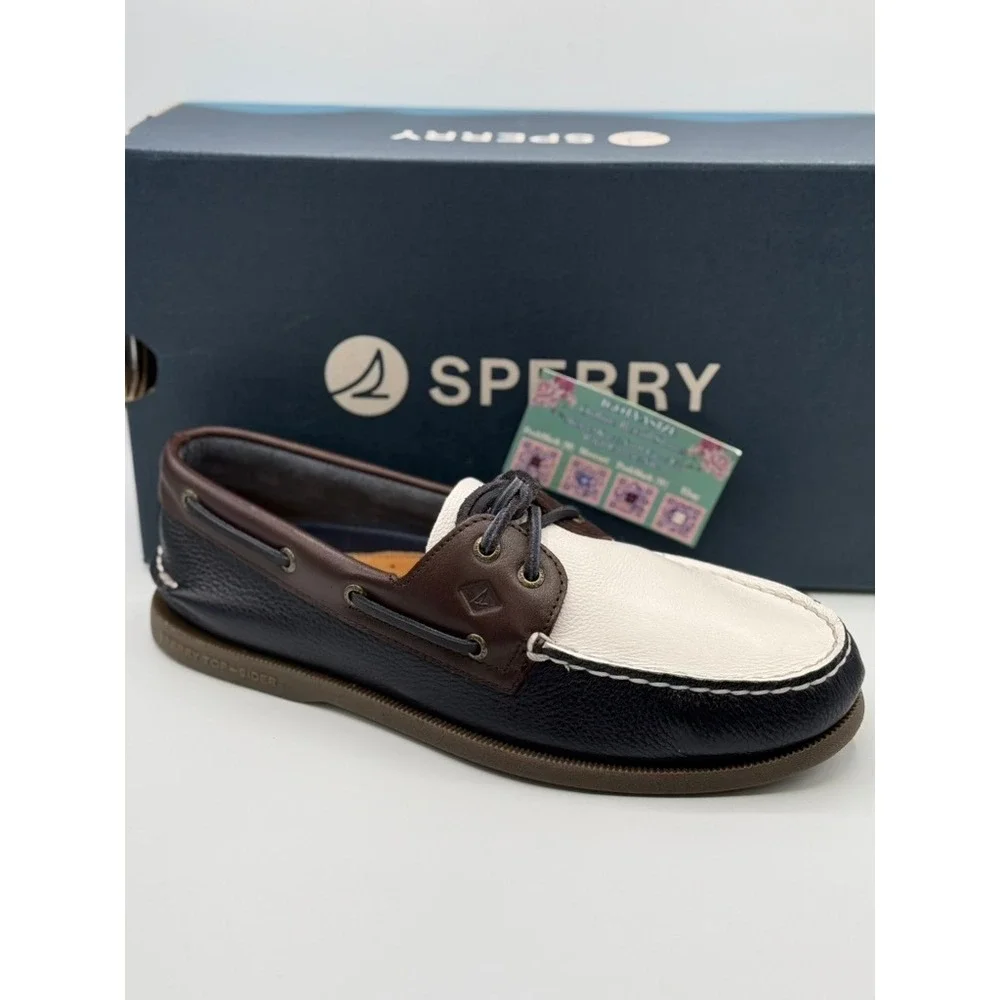 Sperry Top-Sider AO 2-Eye Boat Shoes Navy White Brown‎ Leather